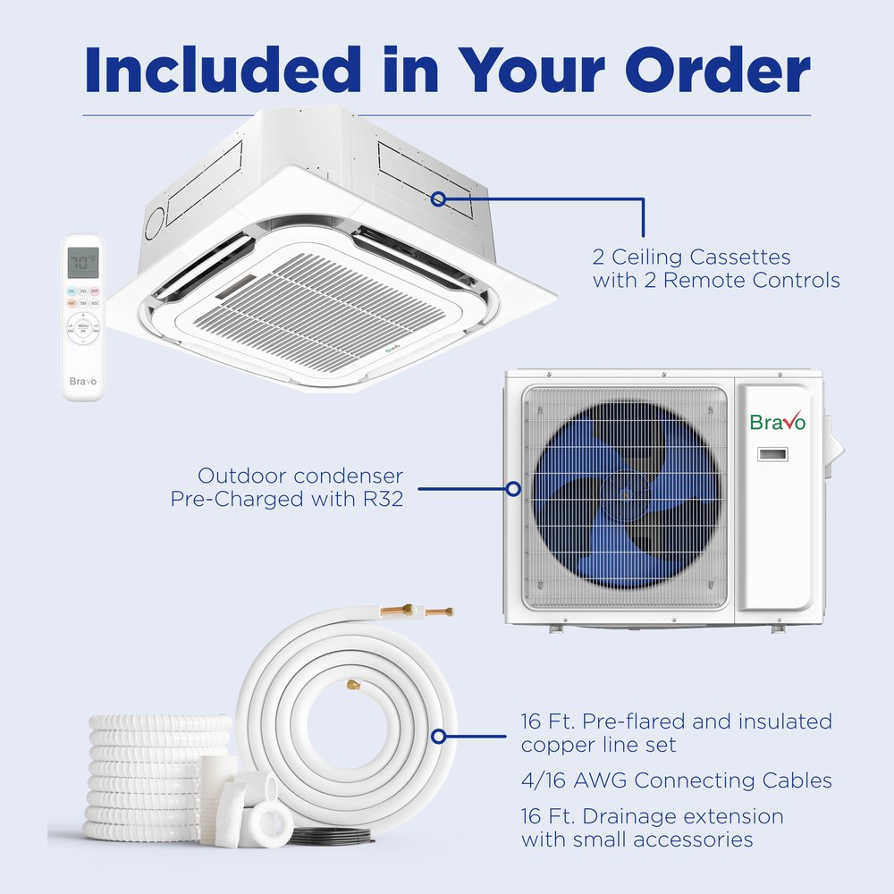 2 zone 24,000 BTU BRAVO Ductless Mini Split AC Ceiling Cassette 9k+18k 6