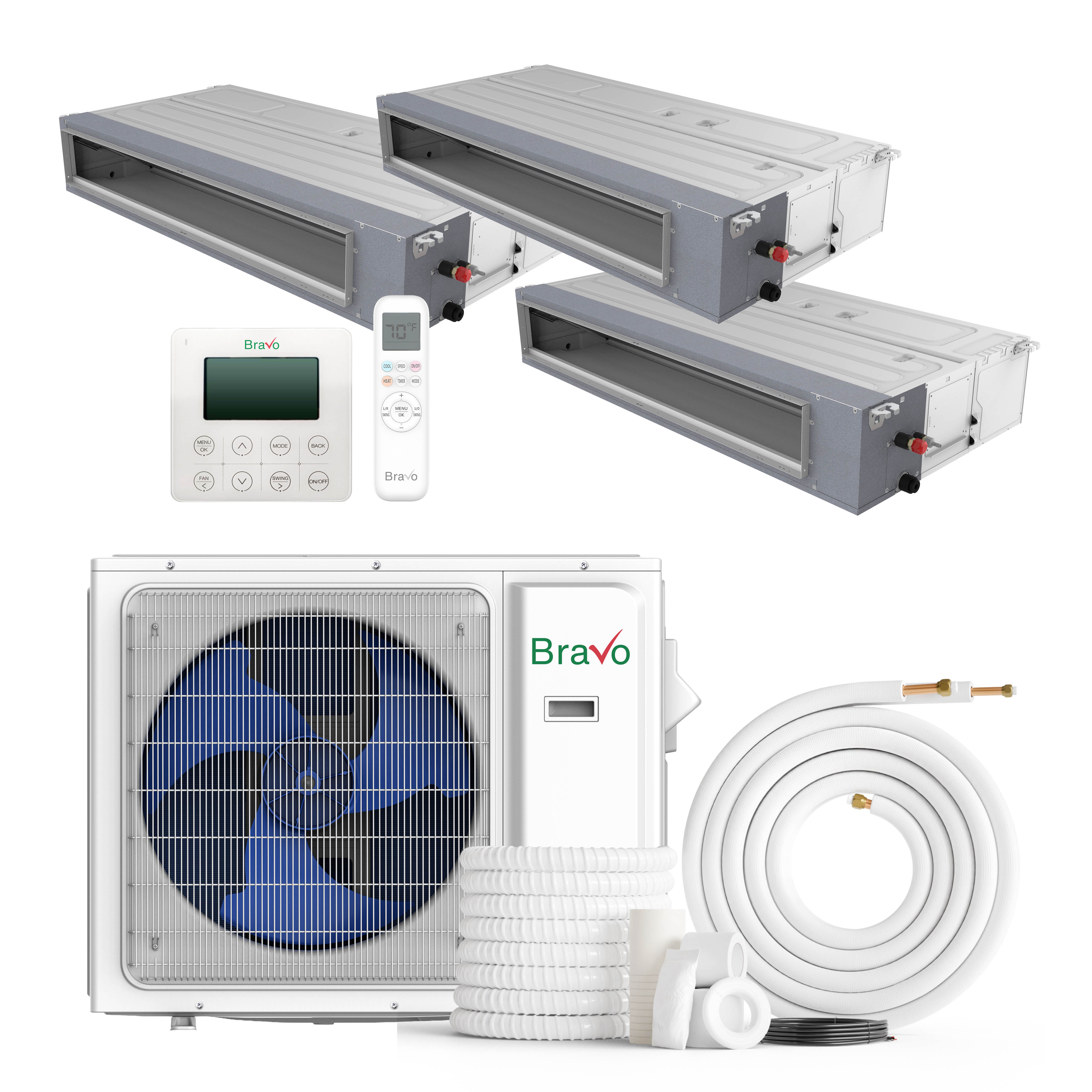 Bravo 36,000 BTU 3-Zone 9k+18k+24k Concealed Duct, 230V, R32 - Ducted Mini Split Air Conditioner Heat Pump