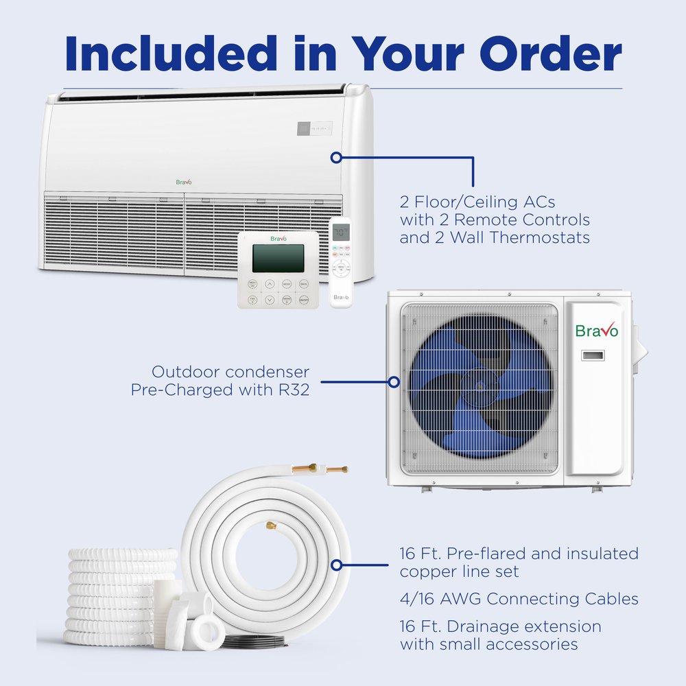 2 zone 18,000 BTU BRAVO Non-Ducted Mini Split AC Universal Floor & Ceiling Console 12k+12K 6