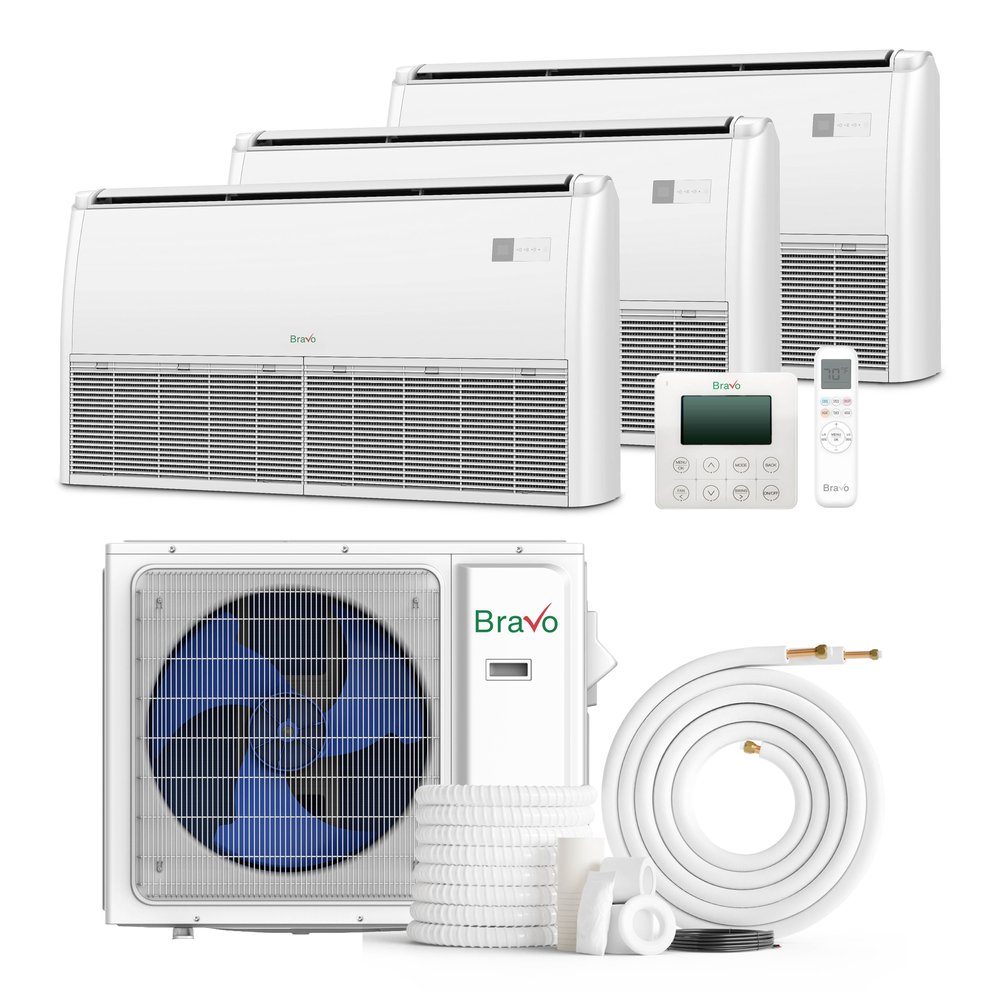 Bravo 30,000 BTU 3-Zone 9k+12k+24k Universal Floor & Ceiling Console, 230V, R32 - Non-Ducted Mini Split Air Conditioner Heat Pump