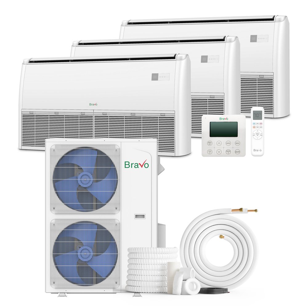 Bravo 42,000 BTU 3-Zone 9k+9k+12k Universal Floor & Ceiling Console, 230V, R32 - Non-Ducted Mini Split Air Conditioner Heat Pump