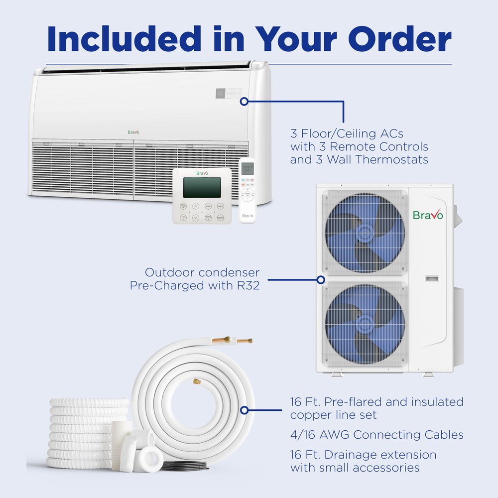 3 zone 42,000 BTU BRAVO Non-Ducted Mini Split AC Universal Floor & Ceiling Console 12k+18K+18K 6