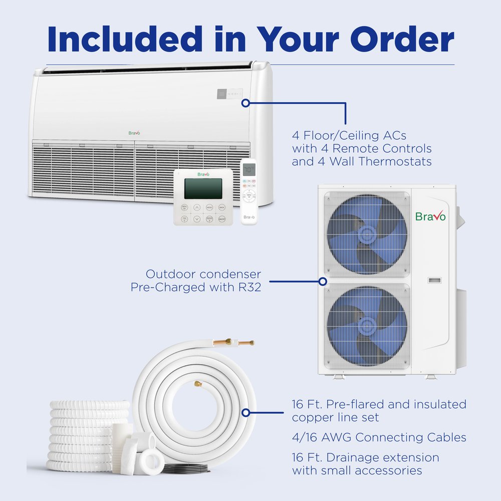 Bravo 42,000 BTU 4-Zone 9k+12k+18k+18k Universal Floor & Ceiling Console, 230V, R32 - Non-Ducted Mini Split Air Conditioner Heat Pump 6