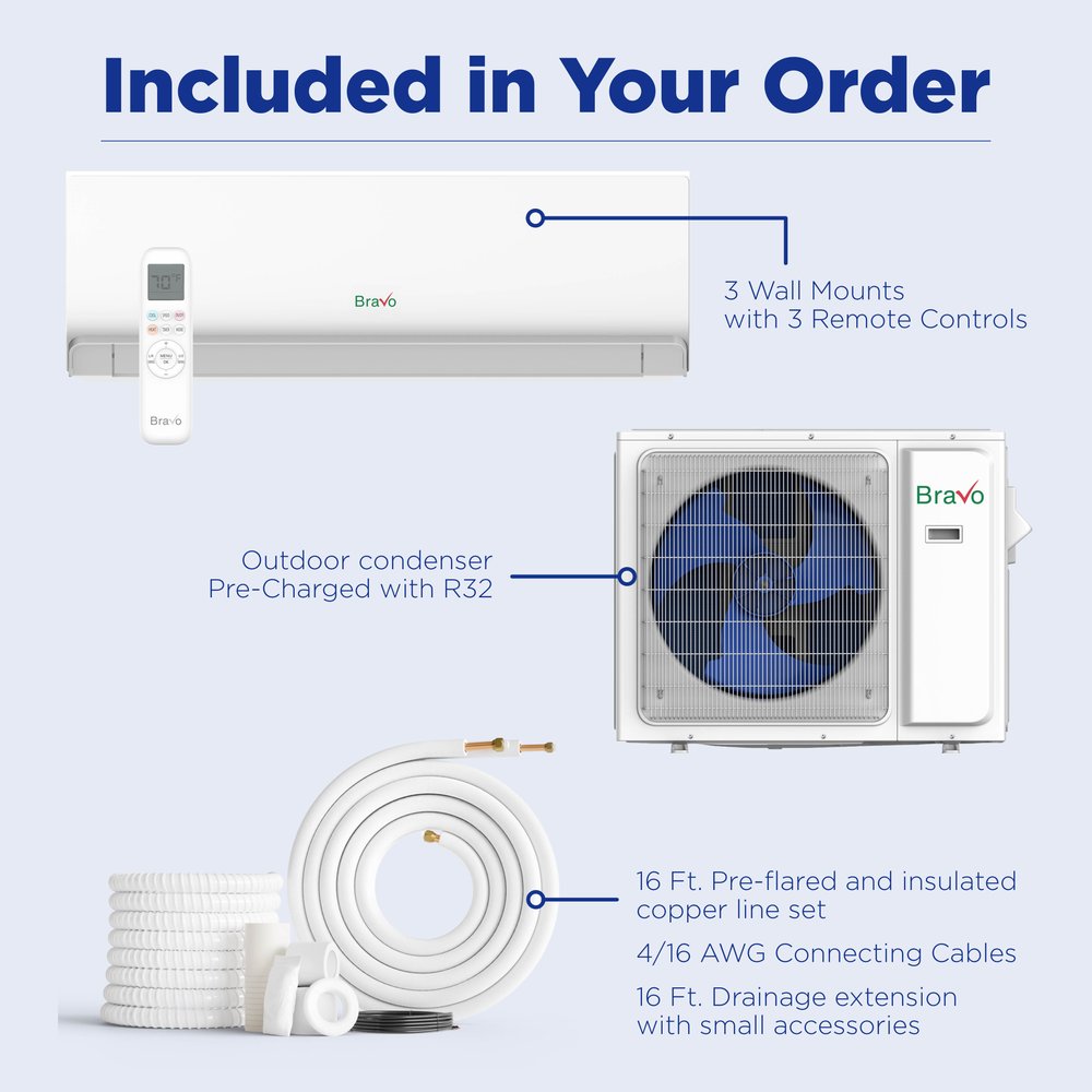Bravo 30,000 BTU 3-Zone 7k+9k+9k Wall Mount, 230V, R32 - Ductless Mini Split Air Conditioner Heat Pump 6