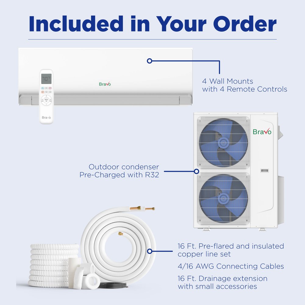 Bravo 42,000 BTU 4-Zone 7k+7k+9k+18k Wall Mount, 230V, R32 - Ductless Mini Split Air Conditioner Heat Pump 6