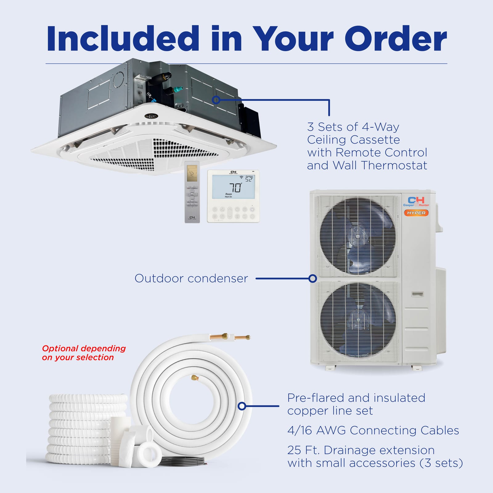 Cooper & Hunter Hyper Heat 48,000 BTU 3-Zone 9k+9k+24k Ceiling Cassette, 230V, R454B - Ductless Mini Split Air Conditioner Heat Pump 9