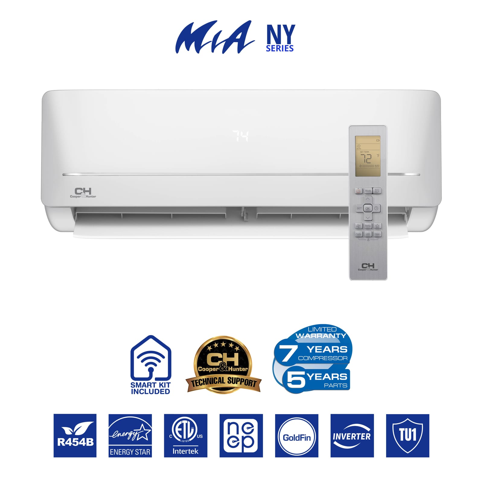 Cooper & Hunter MIA 18,000 BTU Single Zone Wall Mount, 230V, R454B - Ductless Mini Split Air Conditioner Heat Pump