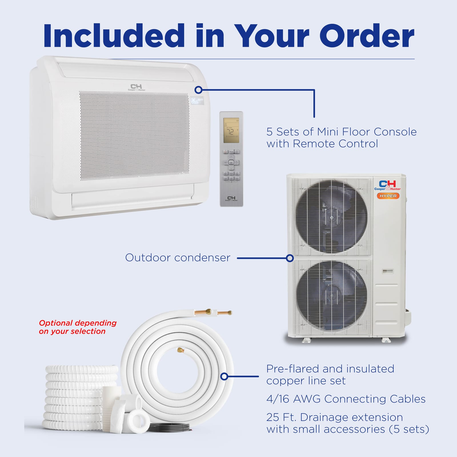 Cooper & Hunter Hyper 48,000 BTU 5-Zone 9k+9k+12k+12k+16k Mini Floor Console, 230V, R454B - Ductless Mini Split Air Conditioner Heat Pump 9