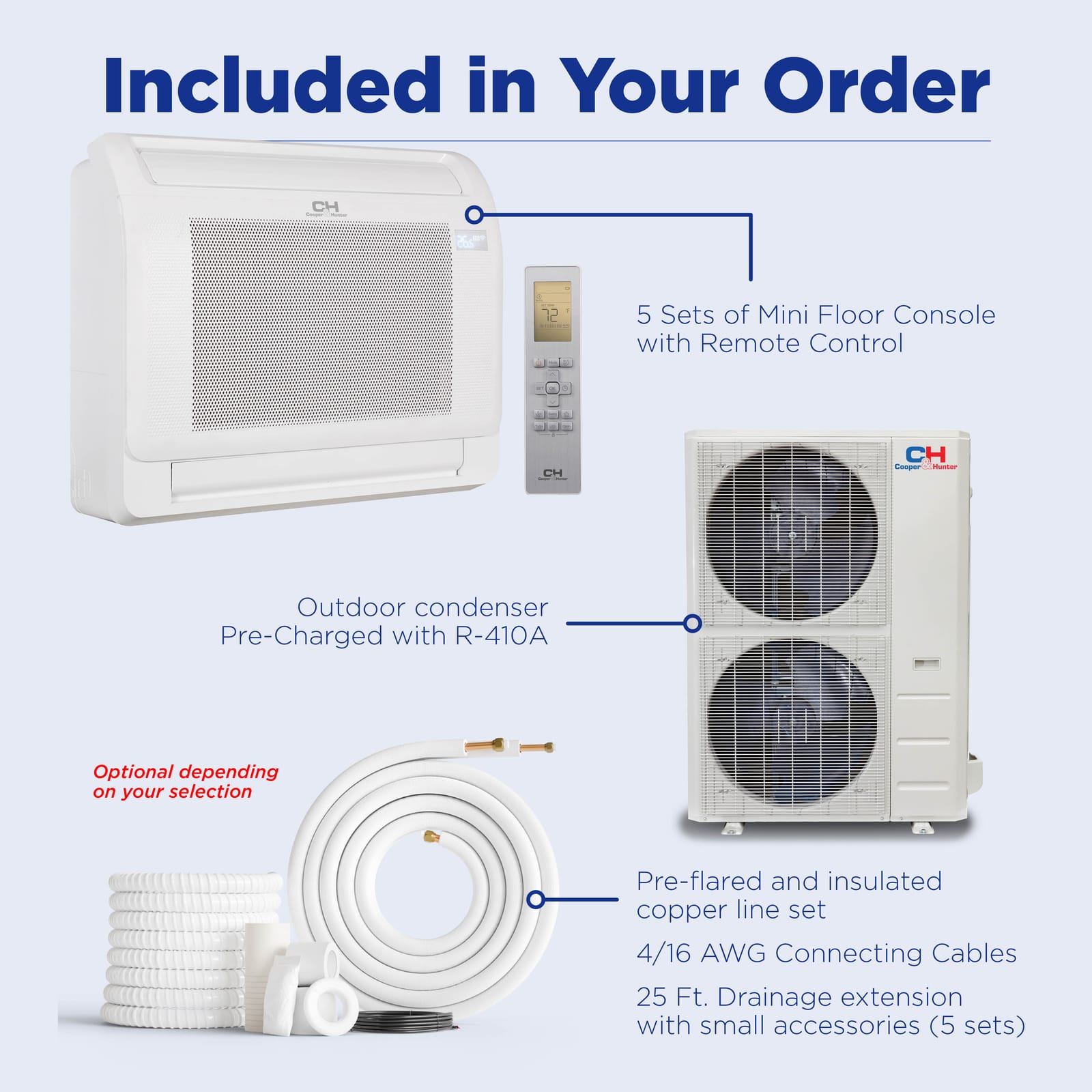 Cooper & Hunter 60,000 BTU 5-Zone 9k+9k+9k+12k+16k Mini Floor Console, 230V, R454B - Ductless Mini Split Air Conditioner Heat Pump 9