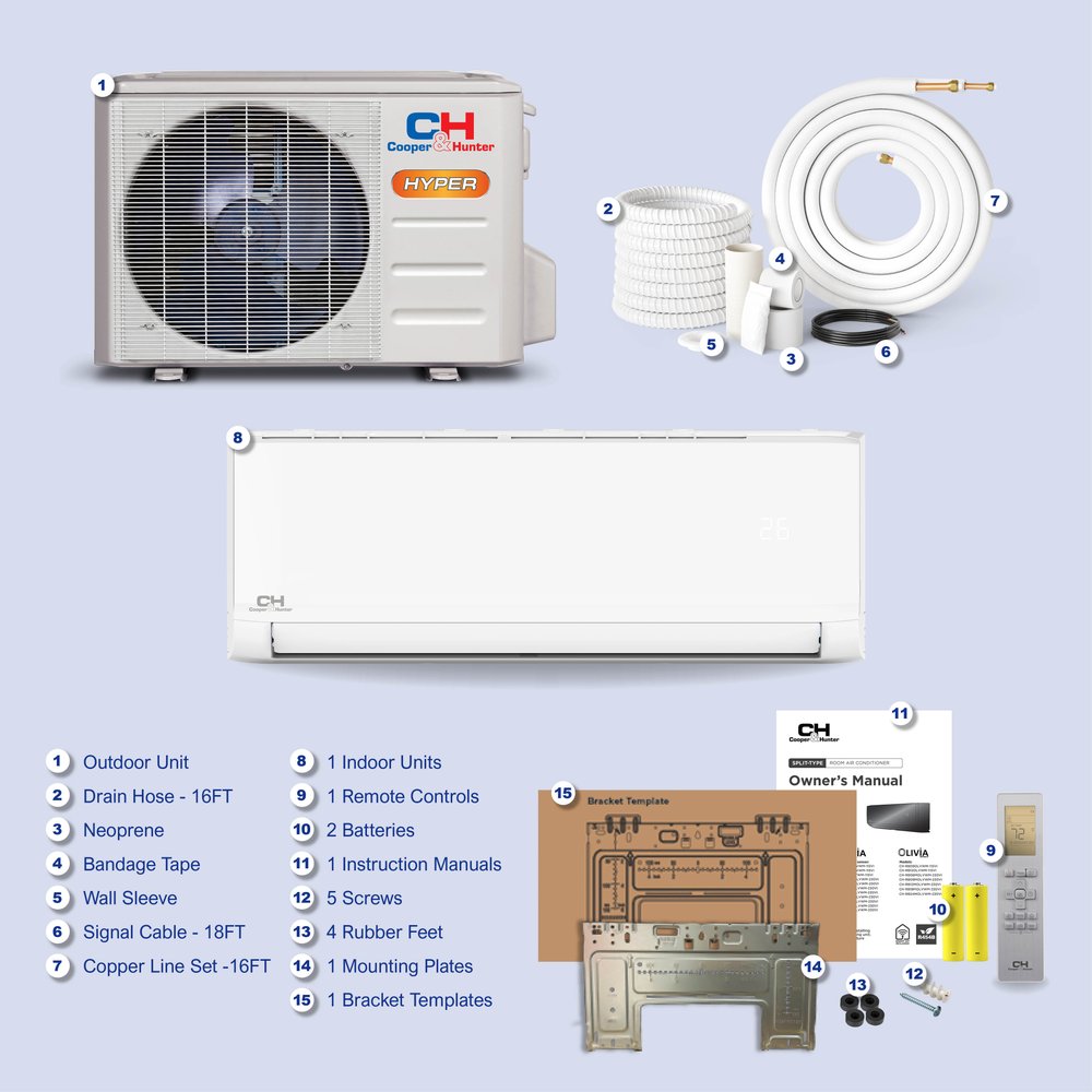 Cooper & Hunter Olivia Hyper Heat 12,000 BTU Single Zone Wall Mount, 230V, R454B - Ductless Mini Split Air Conditioner Heat Pump 9