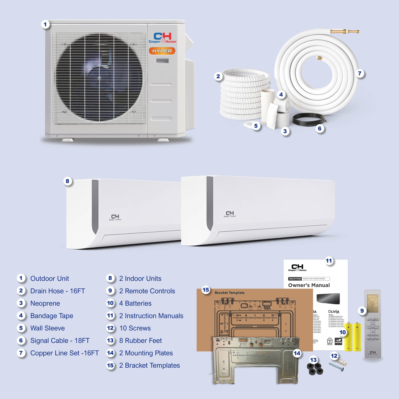 Cooper & Hunter Olivia Hyper 19,000 BTU 2-Zone 12k+12k Wall Mount, 230V, R454B - Ductless Mini Split AC Heat Pump 9