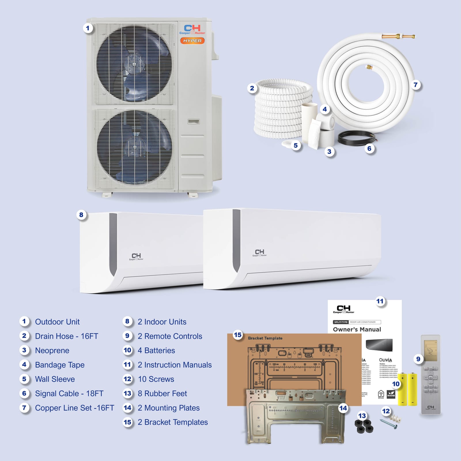 Cooper & Hunter Olivia Hyper 48,000 BTU 2-Zone 6k+36k Wall Mount, 230V, R454B - Ductless Mini Split AC Heat Pump 9