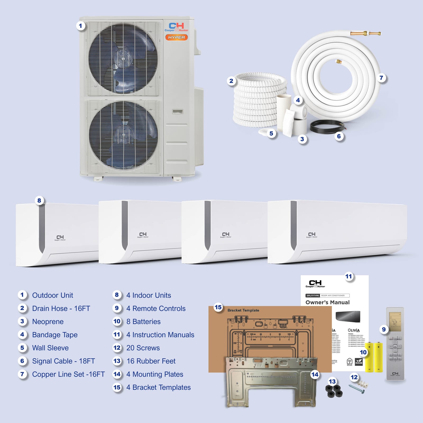 Cooper & Hunter Olivia Hyper 28,000 BTU 4-Zone 9k+9k+9k+9k Wall Mount, 230V, R454B - Ductless Mini Split AC Heat Pump 9