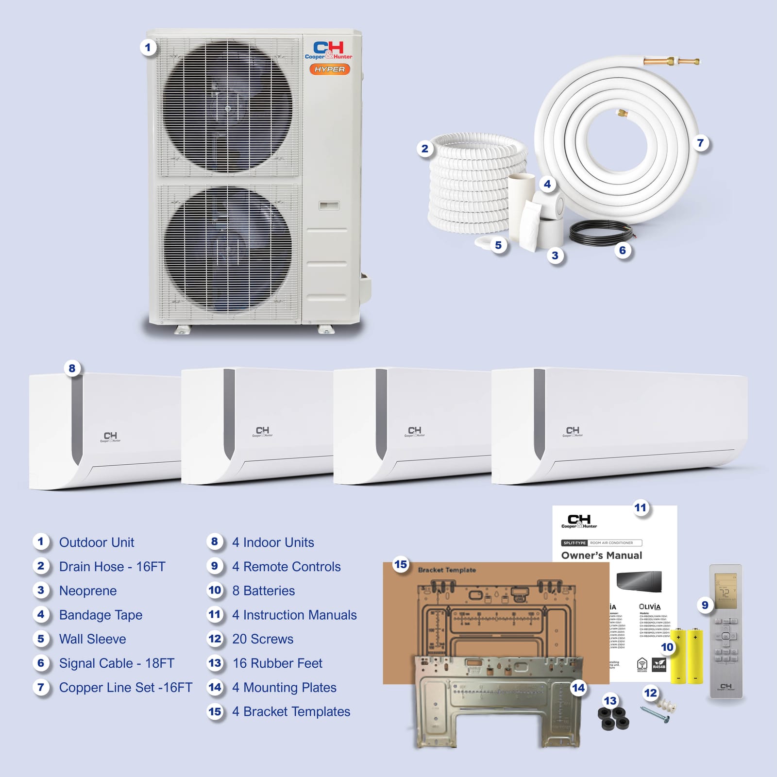 Cooper & Hunter Olivia Hyper 55,000 BTU 4-Zone 6k+6k+6k+12k Wall Mount, 230V, R454B - Ductless Mini Split AC Heat Pump 9