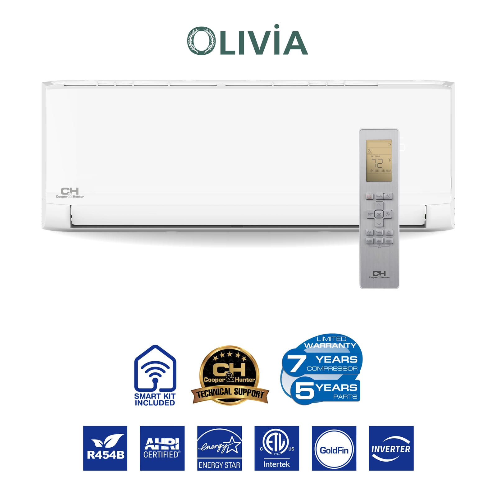 Cooper & Hunter Olivia Hyper 36,000 BTU 5-Zone 6k+9k+9k+9k+12k Wall Mount, 230V, R454B - Ductless Mini Split AC Heat Pump