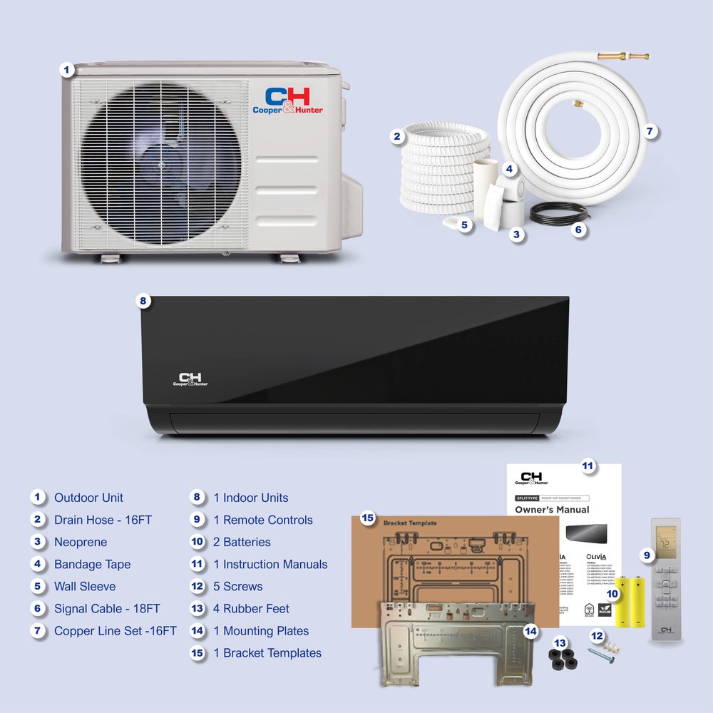 Cooper & Hunter Olivia Midnight 9,000 BTU Single Zone Wall Mount, 230V, R454B - Ductless Mini Split Air Conditioner Heat Pump 9