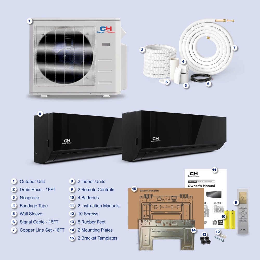 Cooper & Hunter Hyper Olivia Midnight 28,000 BTU 2-Zone 9k+9k Wall Mount, 230V, R454B - Ductless Mini Split Air Conditioner Heat Pump 9