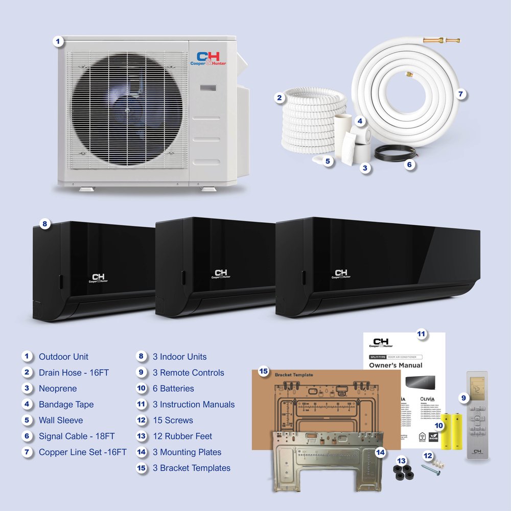 Cooper & Hunter Olivia Midnight 36,000 BTU 3-Zone 9k+12k+18k Wall Mount, 230V, R454B - Ductless Mini Split Air Conditioner Heat Pump 9