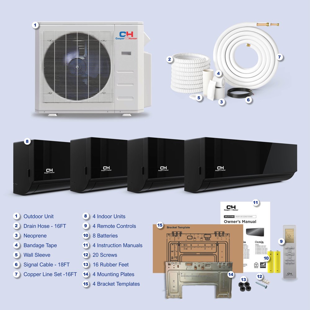 Cooper & Hunter 4 Zone 36,000 BTU Olivia Midnight Ductless Mini Split AC Wall Mounted 9K+9K+9K+18K 9