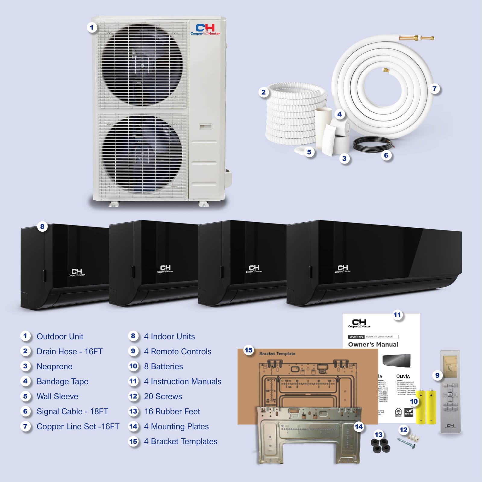 Cooper & Hunter Hyper Olivia Midnight 48,000 BTU 4-Zone 9k+9k+9k+9k Wall Mount, 230V, R454B - Ductless Mini Split AC Heat Pump 9