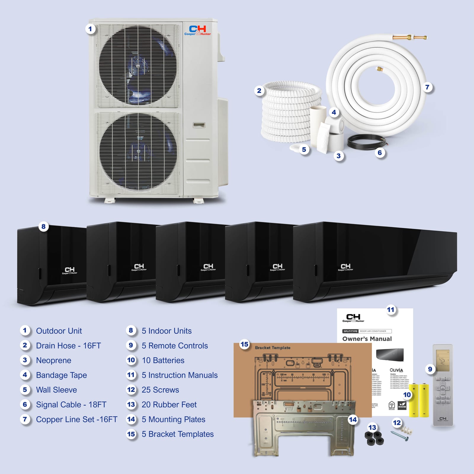 Cooper & Hunter Hyper Olivia Midnight 55,000 BTU 5-Zone 9k+12k+12k+12k+18k Wall Mount, 230V, R454B - Ductless Mini Split AC Heat Pump 9