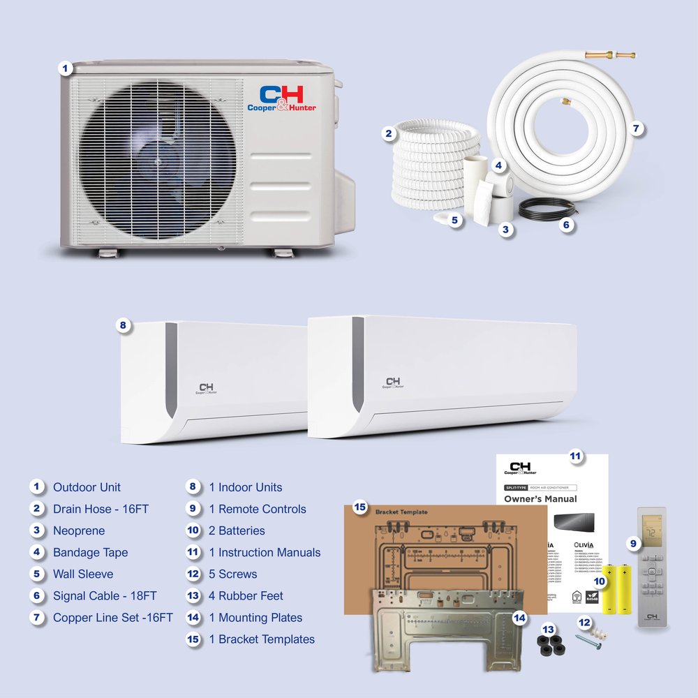 Cooper & Hunter Olivia 18,000 BTU 2-Zone 12k+12k Wall Mount, 230V, R454B - Ductless Mini Split Air Conditioner Heat Pump 9