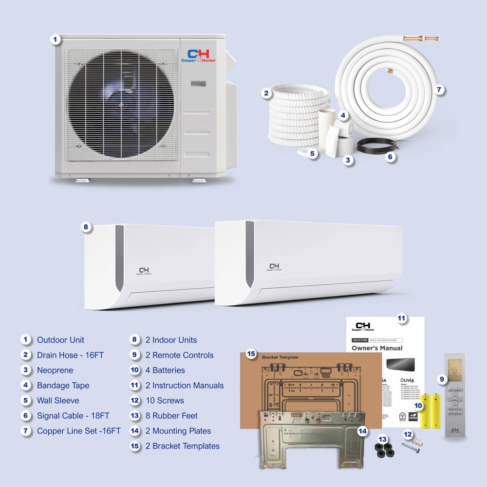 Cooper & Hunter 2 Zone 36,000 BTU OLIVIA Ductless Mini Split AC Wall Mounted 12k+24k 9
