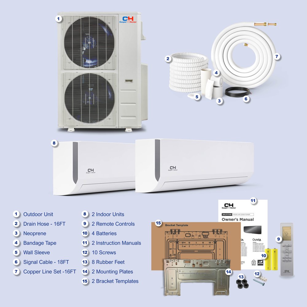 Cooper & Hunter Olivia 48,000 BTU 2-Zone 9k+18k Wall Mount, 230V, R454B - Ductless Mini Split Air Conditioner Heat Pump 9
