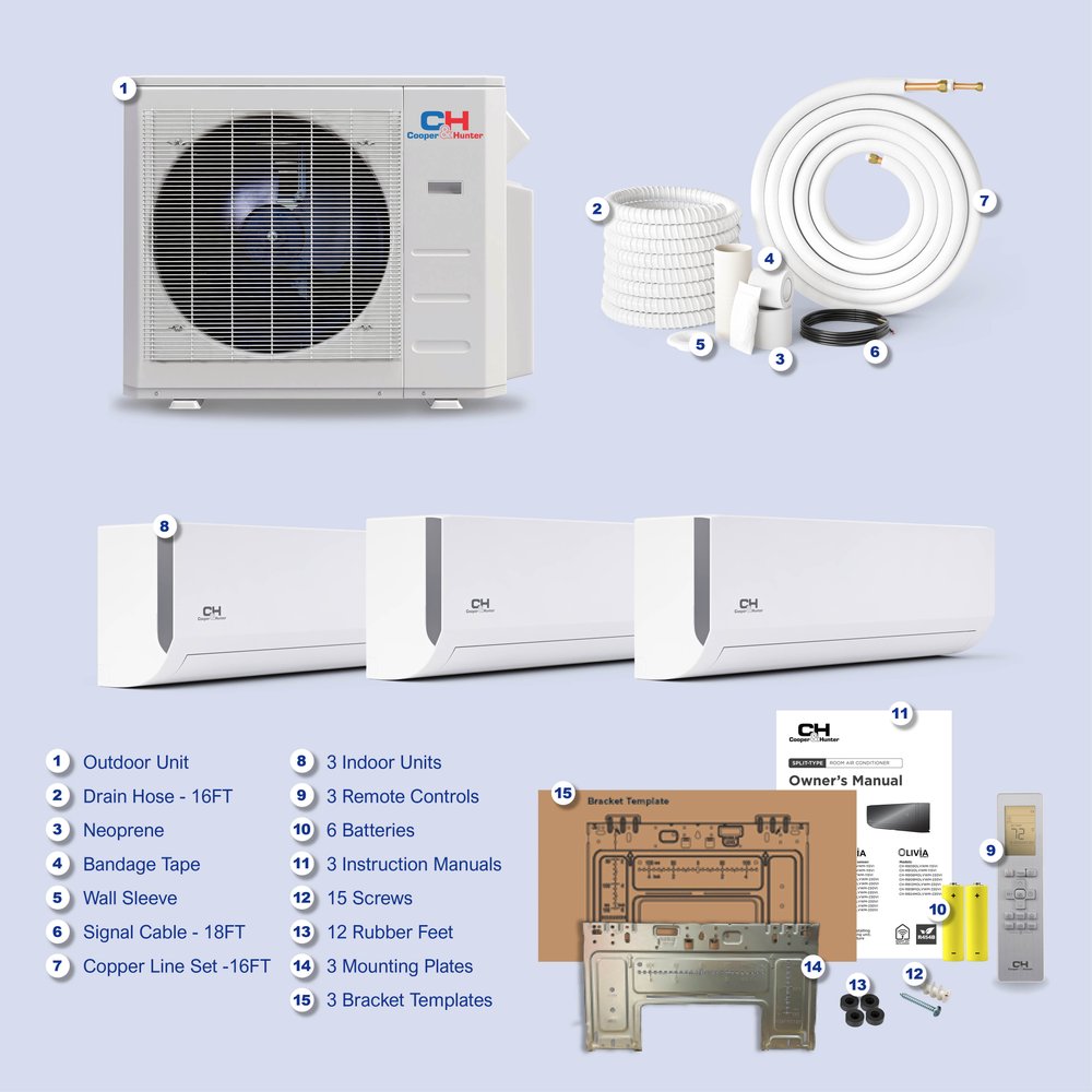 Cooper & Hunter 3 Zone 28,000 BTU OLIVIA Ductless Mini Split AC Wall Mounted 6k+6k+9k 9