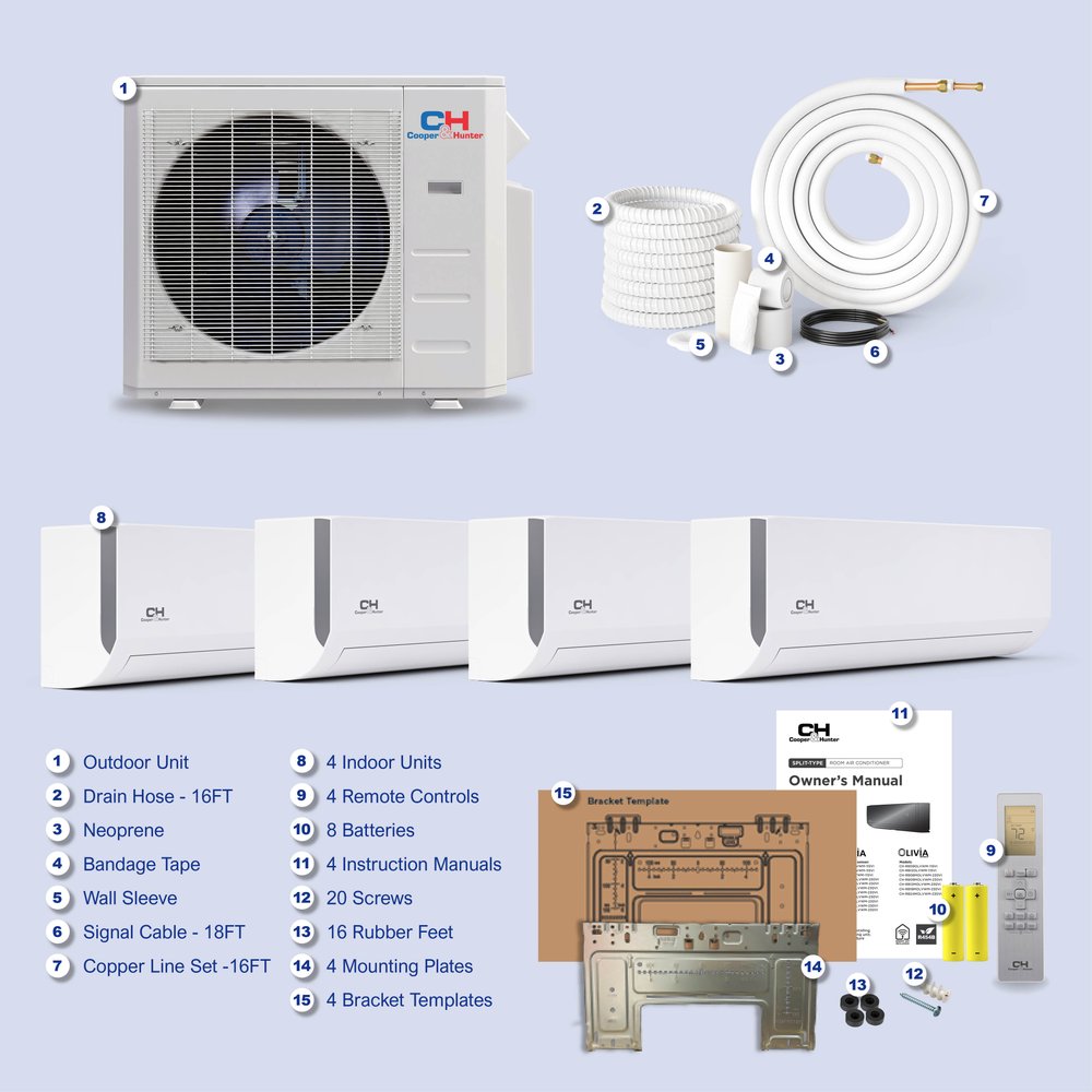 Cooper & Hunter Olivia 28,000 BTU 4-Zone 6k+6k+9k+9k Wall Mount, 230V, R454B - Ductless Mini Split Air Conditioner Heat Pump 9