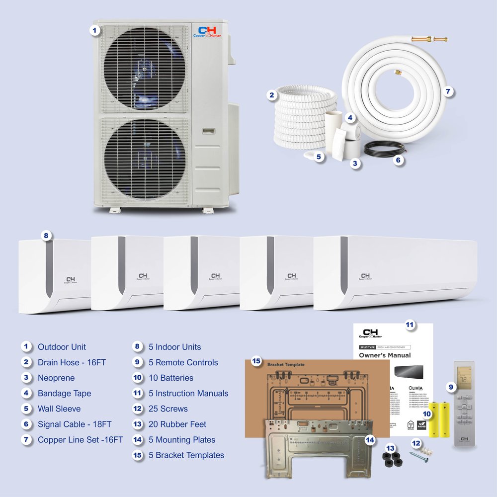 Cooper & Hunter 5 Zone 60,000 BTU Wall Mount Mini Split AC R454B 6K+6K+12K+18K+18K 9