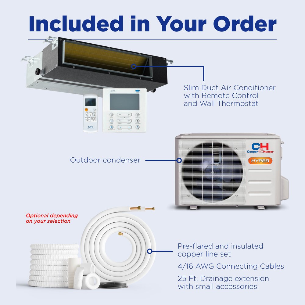 Cooper & Hunter Hyper Heat 18,000 BTU Single Zone Slim Duct, 230V, R454B - Ductless Mini Split Air Conditioner Heat Pump 9