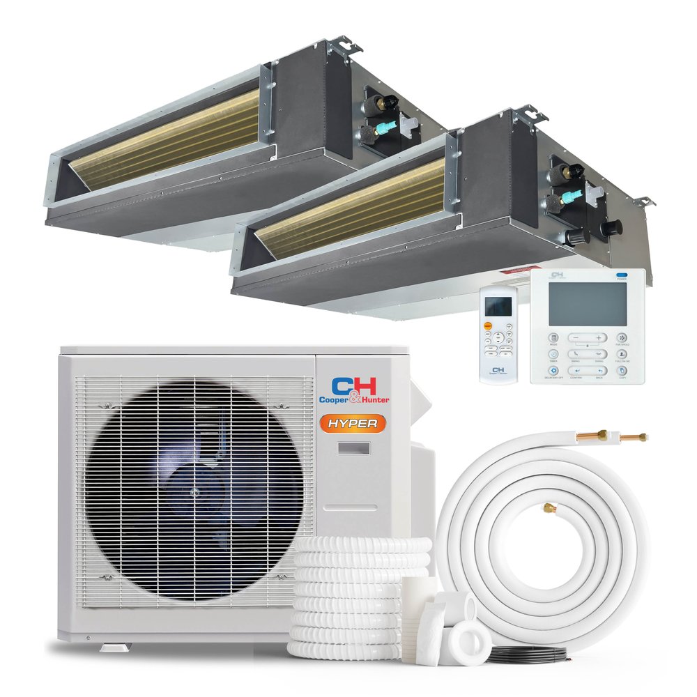 Cooper & Hunter 2 Zone 19,000 BTU Hyper Ducted Mini Split AC Concealed Duct 9k+9k 1