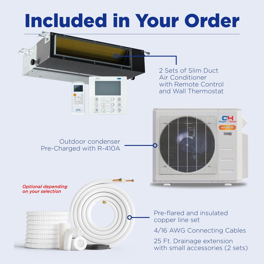 Cooper & Hunter 2 Zone 19,000 BTU Hyper Ducted Mini Split AC Concealed Duct 9k+9k 9