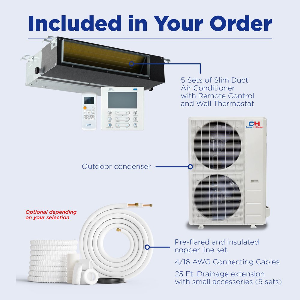 Cooper & Hunter 5 Zone 48,000 BTU Ducted Mini Split AC Concealed Duct 9k+9k+12k+12k+12k 9