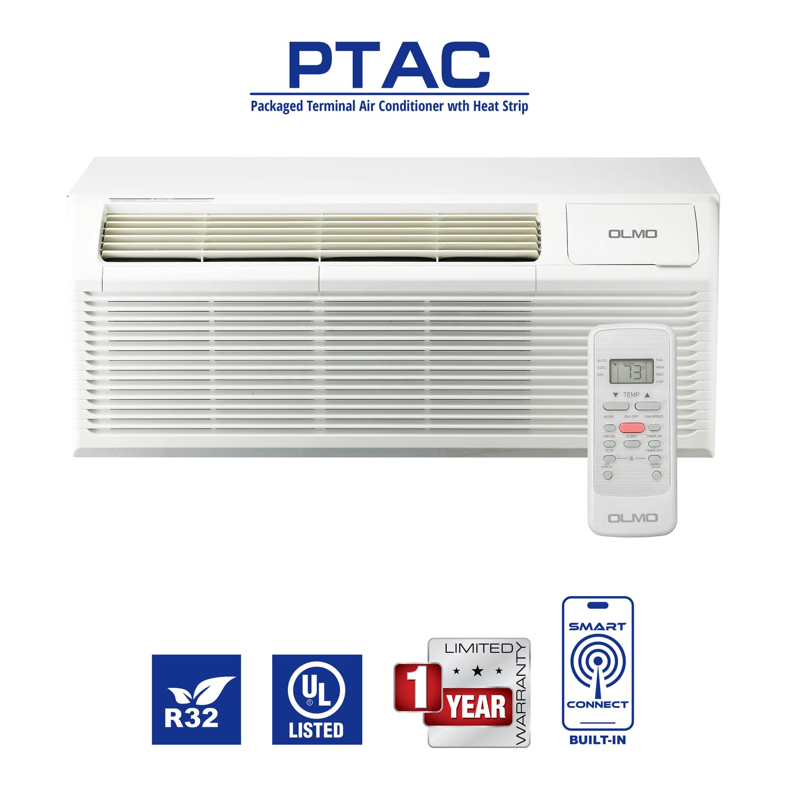 12,000 BTU PTAC OLMO Air Conditioner, Heat Strip, Heating And Cooling w/Electric Cord and Remote