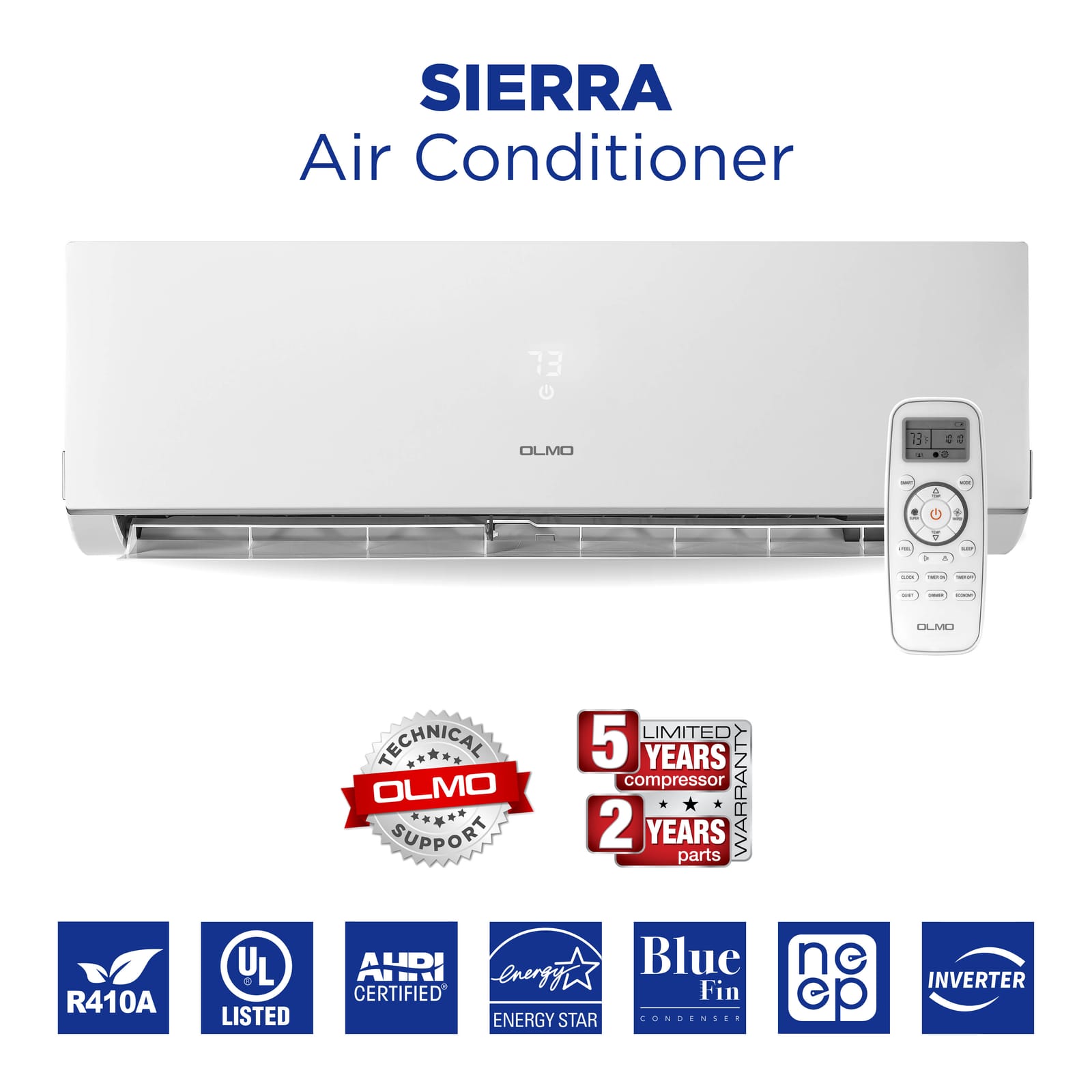 OLMO Sierra 18,000 BTU Indoor Wall Mount, 230V, R410A - Ductless Mini Split Air Conditioner Heat Pump